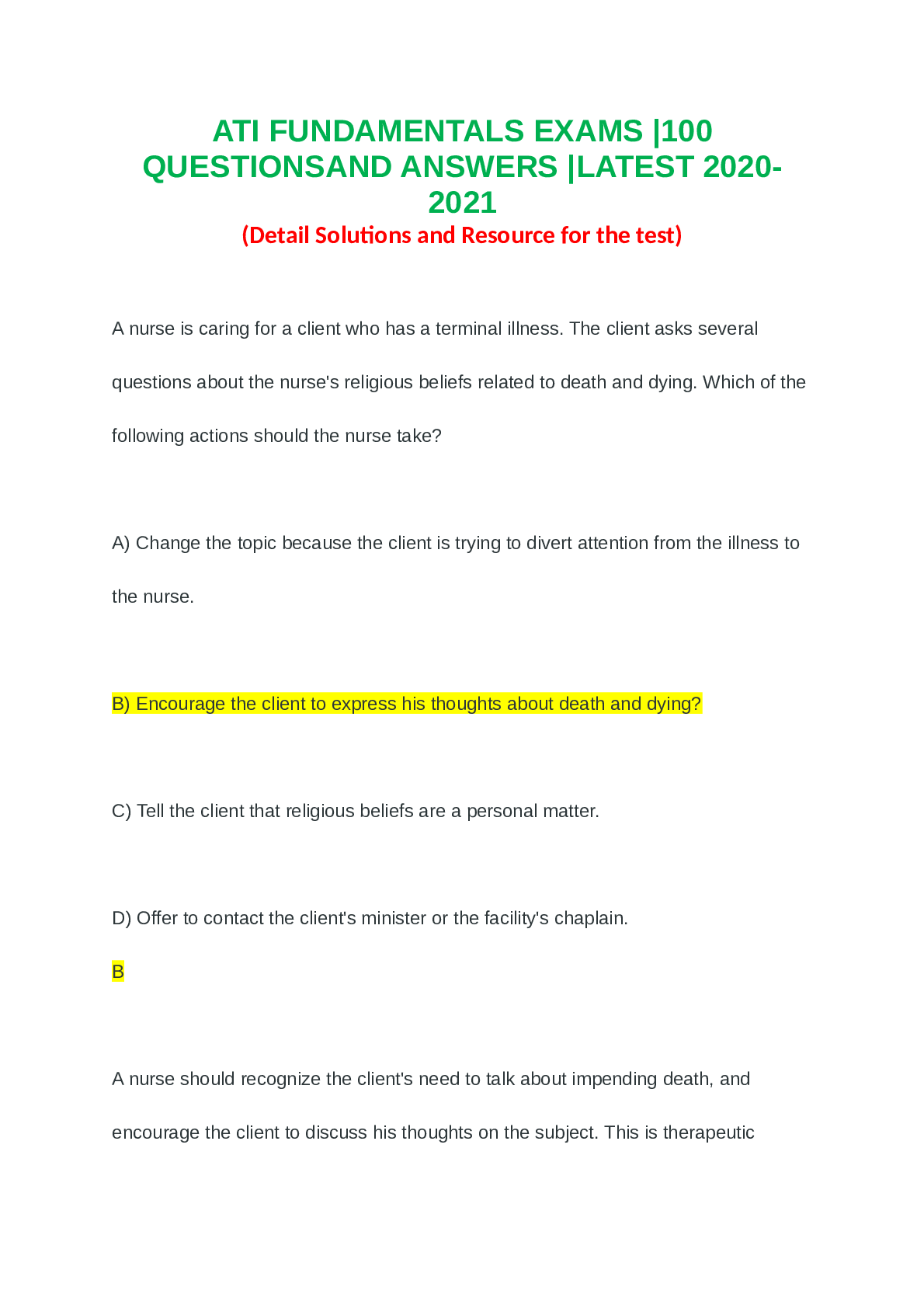 Preview of ATI FUNDAMENTALS EXAMS |100 QUESTIONS AND ANSWERS |LATEST 2020-2021